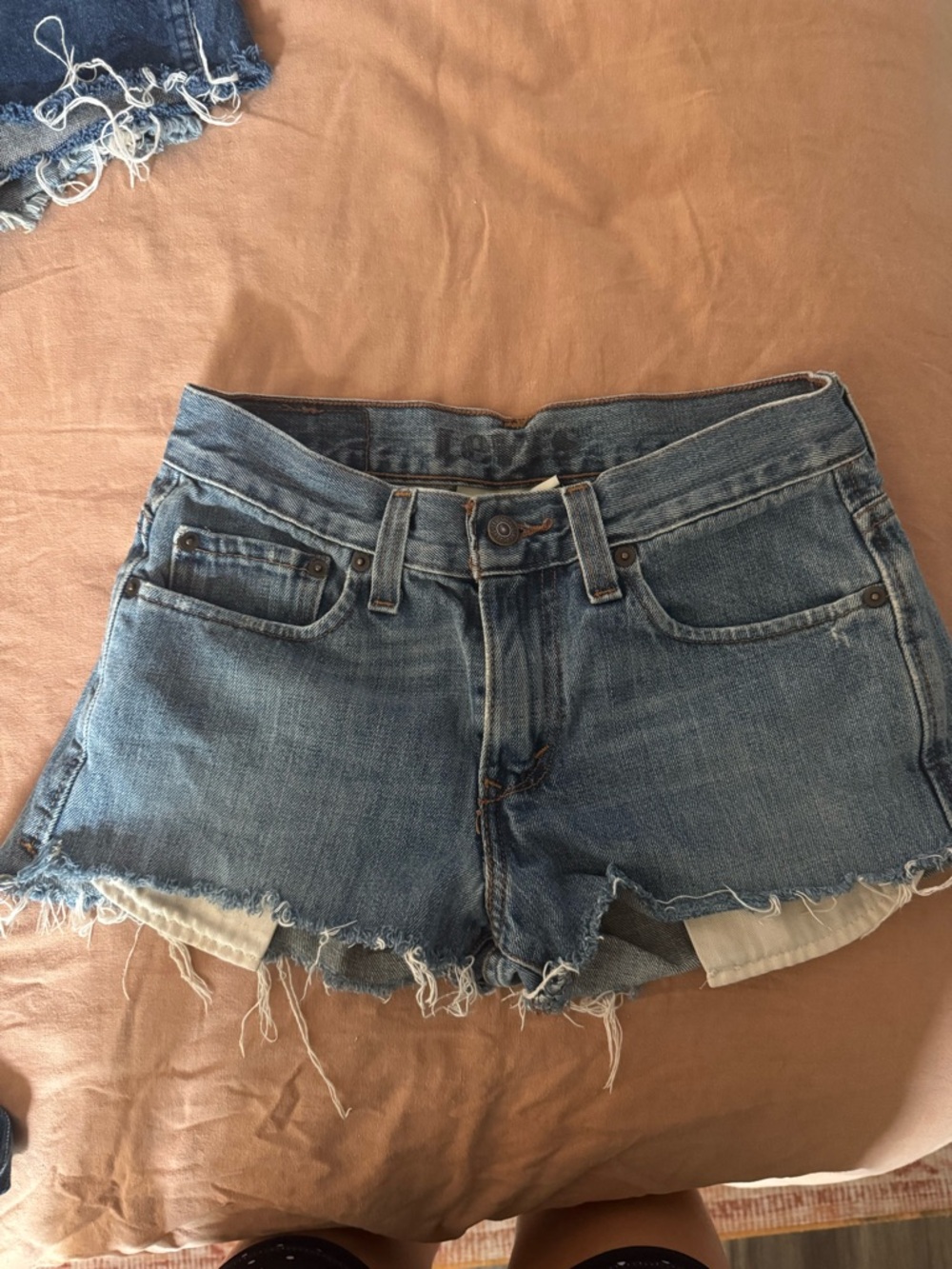 Vintage soft Classic Raw-Hem Denim Shorts in Light Blue